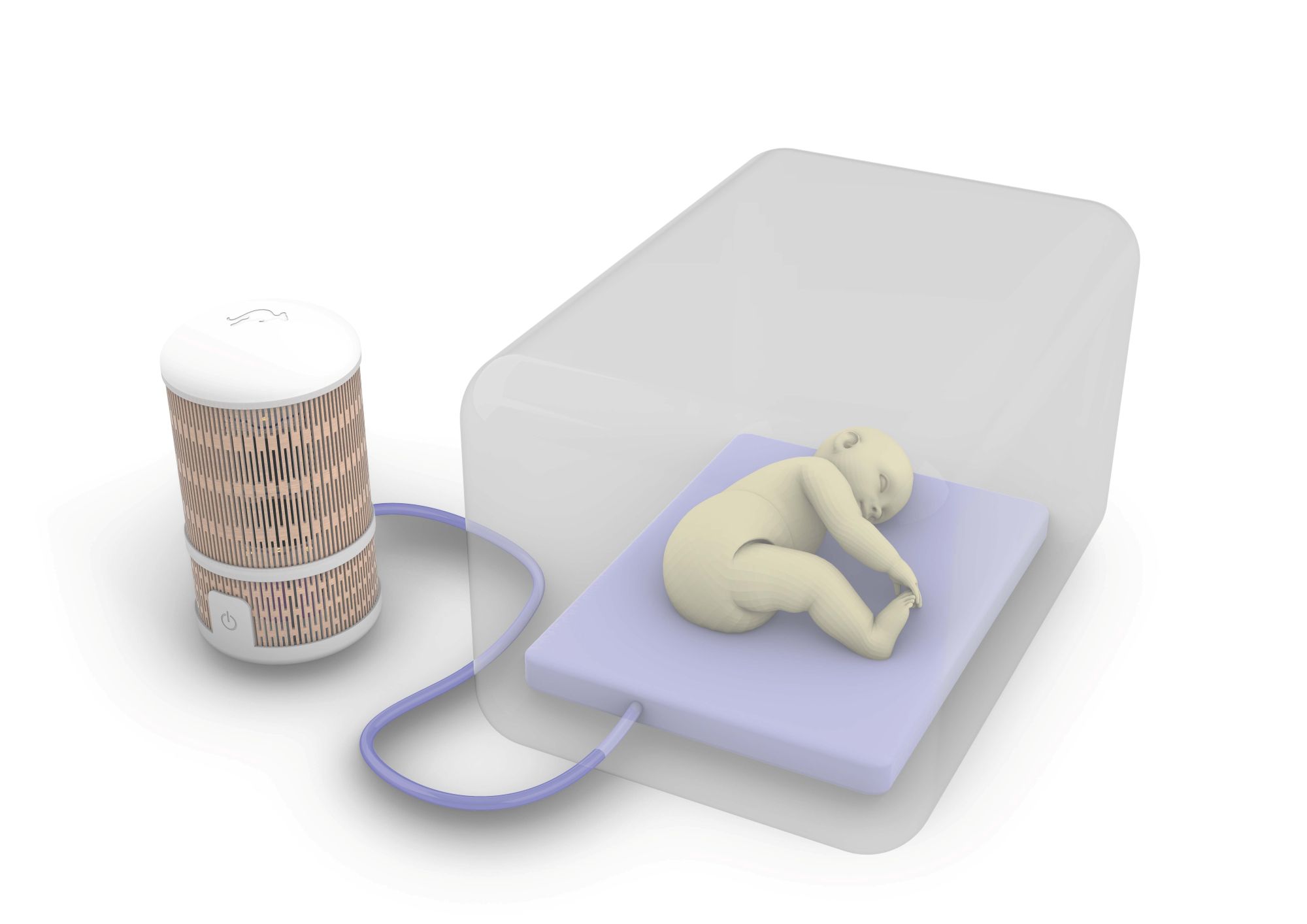 Render 3D del NeoNiu: unitat de control, tub i matalàs dins incubadora